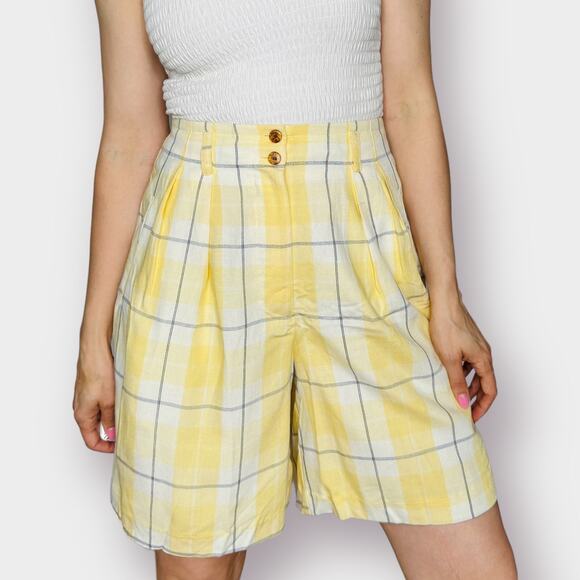 90s The Limited Yellow Navy Window Pane Plaid Shorts - Picture 1 of 7